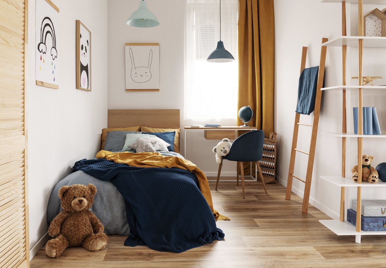 A cozy little boy's bedroom featuring a teddy bear, yellow and blue decor, pictures on the wall, and various child-friendly furnishings.