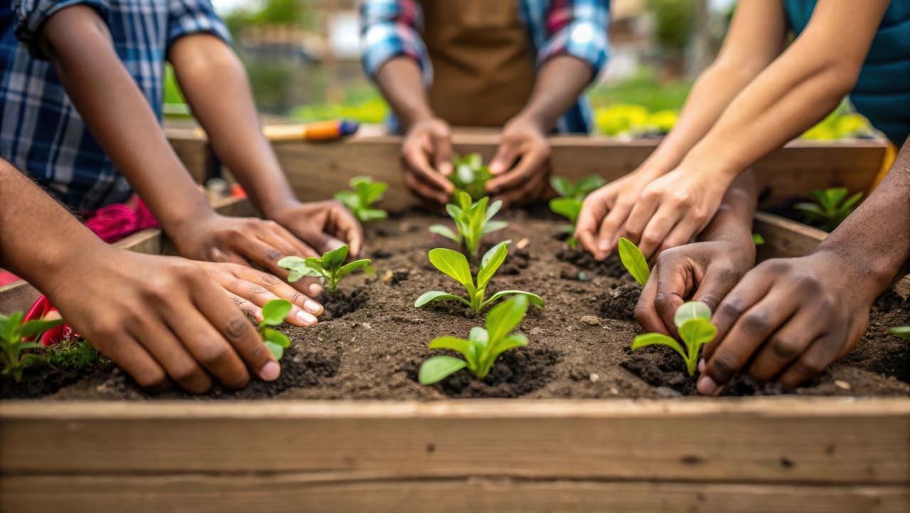 Community Garden Initiative A closeup of hands planting seedlings in a shared community garden bed made of reclaimed wood depicting a collaborative effort towards