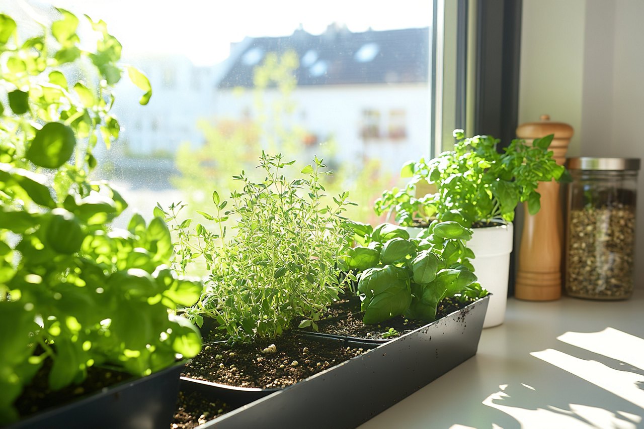 Indoor herb garden on sunny windowsill.