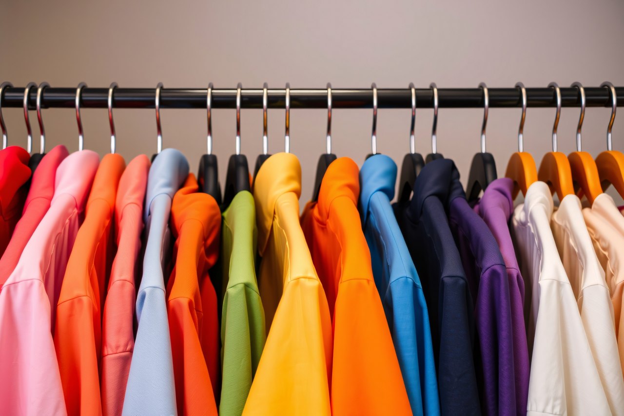 Bright and assorted garments neatly hanged on a rack, showcasing vibrant colors and modern design in an organized closet style for wardrobe or retail inspiration.