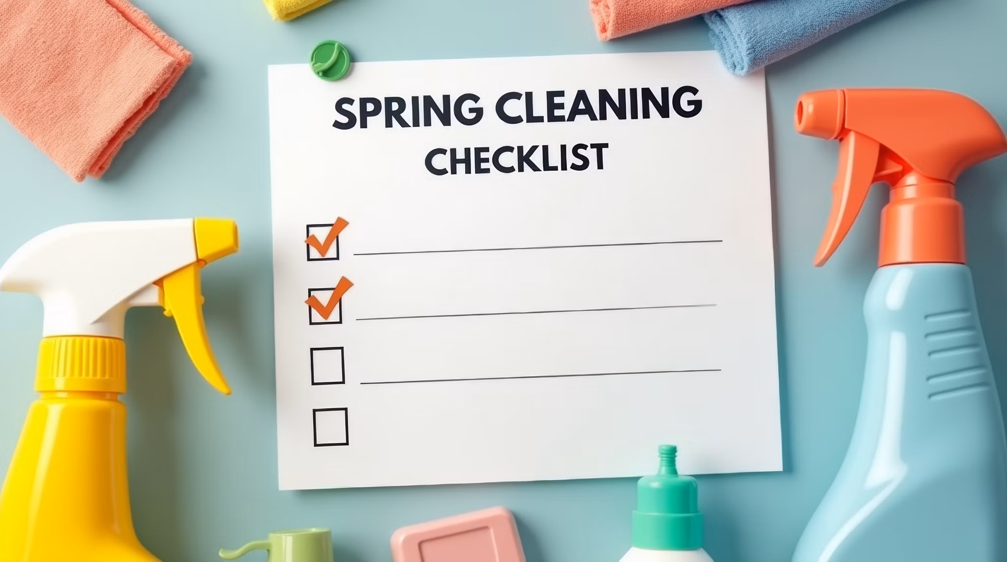 spring cleaning checklist pinned to a wall, spring cleaning checklist copyspace