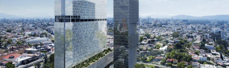 Striking view of Mexico City, featuring two tall, modern skyscrapers dominating the skyline. The buildings are set against the backdrop of the expansive city, illustrating the blend of contemporary architecture and the urban sprawl of Mexico's capital.