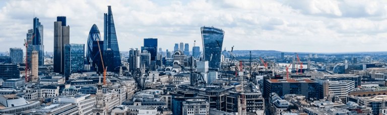 Panoramic view of a bustling metropolis skyline with a mix of modern skyscrapers and historic buildings under a cloudy sky.