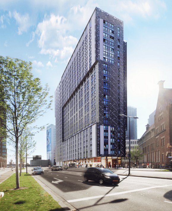 A modern high-rise office building with a patterned facade on a city street with cars and pedestrians, under a sunny sky with scattered clouds.