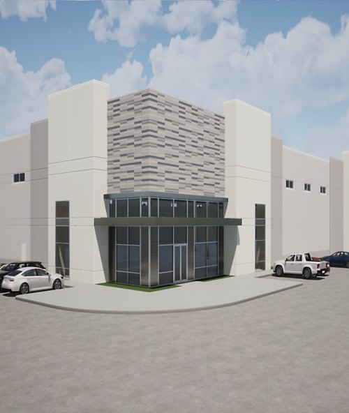 Architectural rendering of a modern industrial building with a prominent glass facade entrance and parked cars.