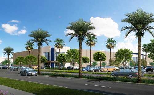 Architectural rendering of a modern life science facility, featuring sleek design with clean lines, surrounded by lush palm trees, symbolizing a blend of high-tech innovation and natural beauty in the life sciences sector.