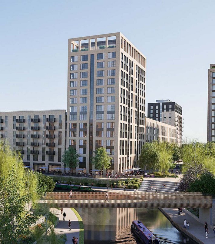 Architectural rendering of Greenford Quay high-rise building with adjacent canal and public walkways.