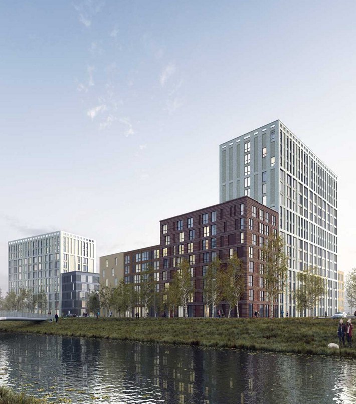 Architectural rendering of a modern mixed-use development by a calm waterway, featuring high-rise and mid-rise buildings with people strolling nearby.