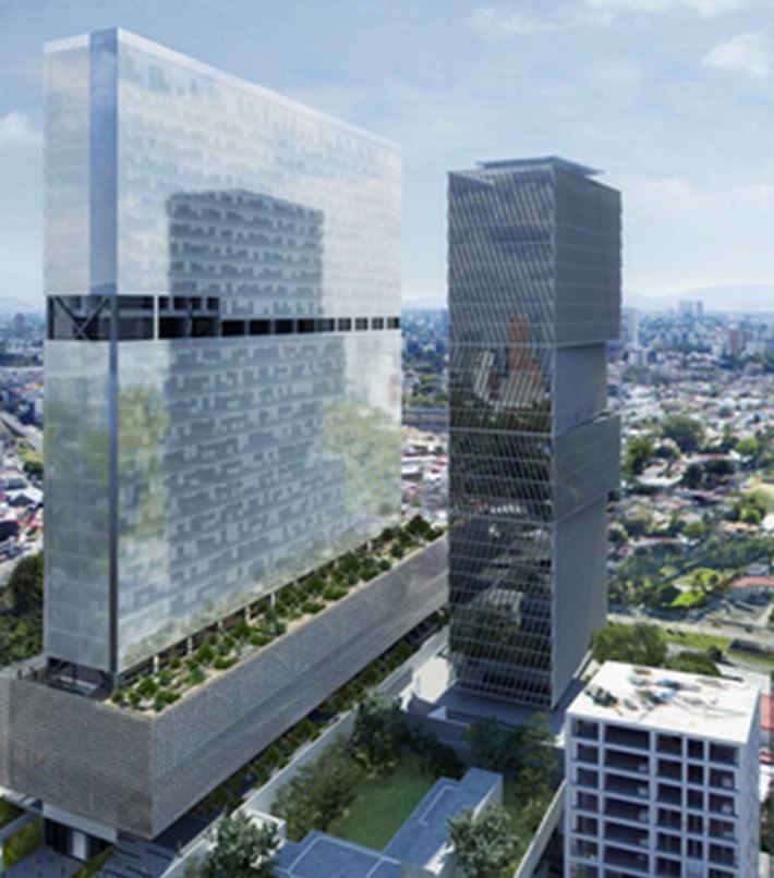 Architectural rendering of two juxtaposed skyscrapers with reflective facades, integrated green spaces, and the city skyline in the background.