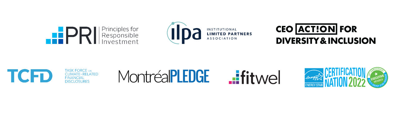 Logos of various ESG-related organizations including PRI (Principles for Responsible Investment), ILPA (Institutional Limited Partners Association), CEO Action for Diversity & Inclusion, TCFD (Task Force on Climate-Related Financial Disclosures), Montréal Pledge, Fitwel, and Energy Star Certification Nation 2022.