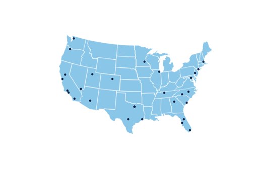 Map graphic showcasing Greystar's logistics locations, featuring a detailed layout with marked points indicating various sites, set against a clear and easy-to-read background, highlighting the extensive reach and strategic placement of Greystar's logistics facilities.