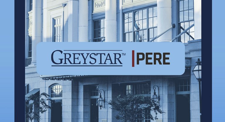 Greystar and PERE logo overlaying the image of an elegant building facade.