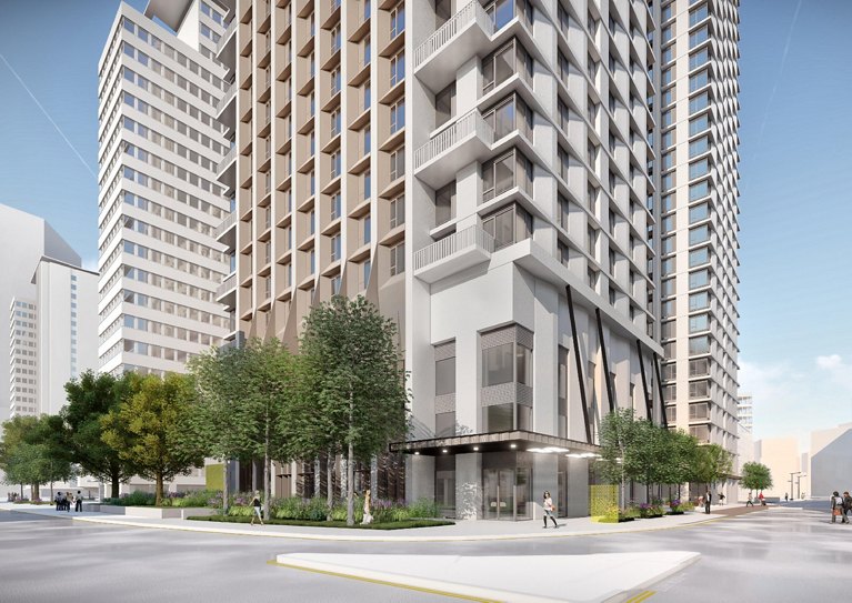 Digital rendering of modern high-rise residential buildings with a glass entrance canopy, landscaping, and pedestrians on the sidewalk.