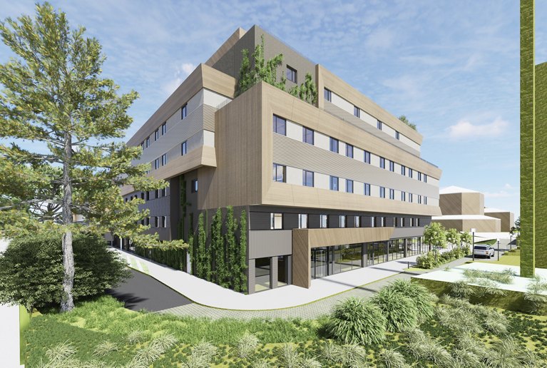 Architectural visualization of a modern multi-level campus building with wood and glass elements, surrounded by landscaped greenery.