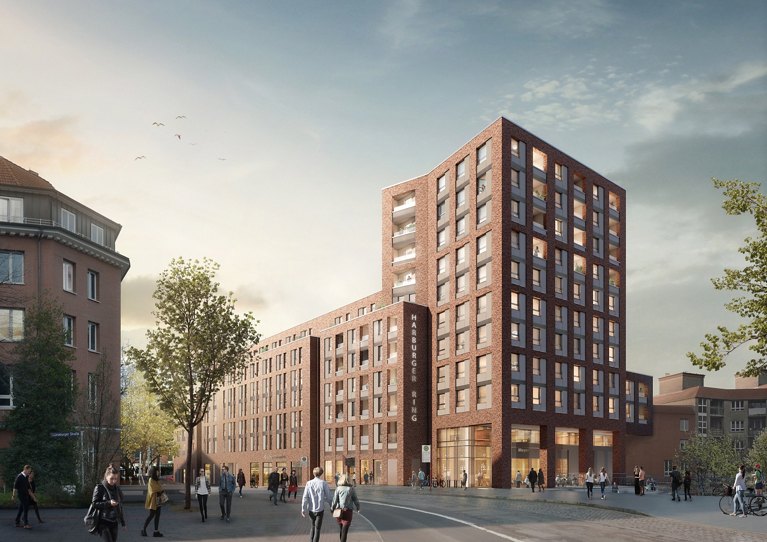 Architectural rendering of a modern brick building at the intersection of urban streets with pedestrians and cyclists.