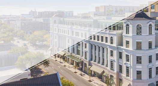 Composite image showing a historic building on a sunny city street transitioning to a modern facade, illustrating urban development.