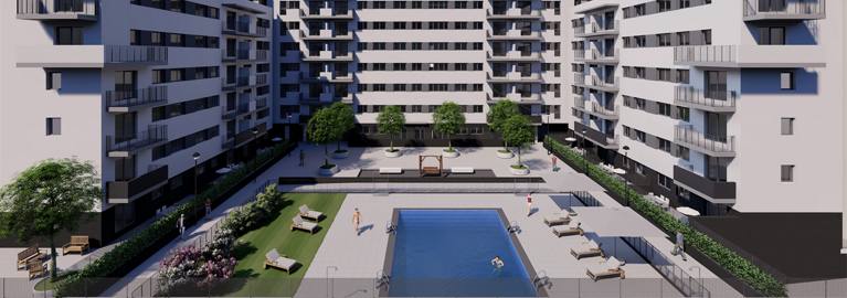 artist rendering of high rise building and courtyard with pool