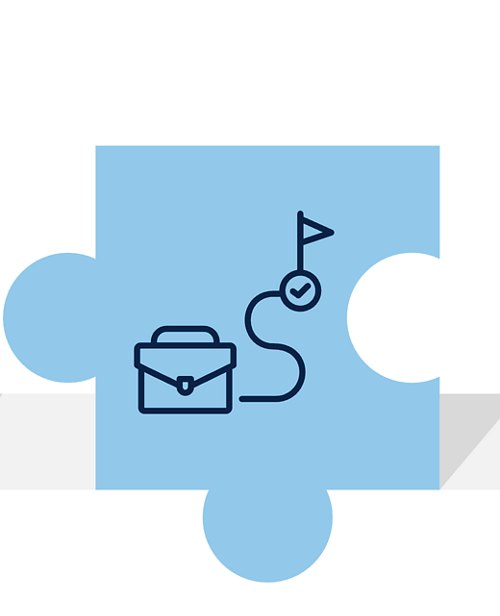 "Icon on a blue puzzle piece background depicting a briefcase connected to a path leading to a check-marked flag, symbolizing goal achievement or career advancement.