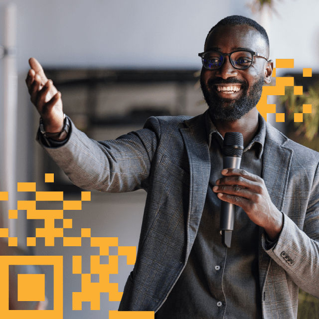 Conference speaker reaching out hand, 2D pattern overlay