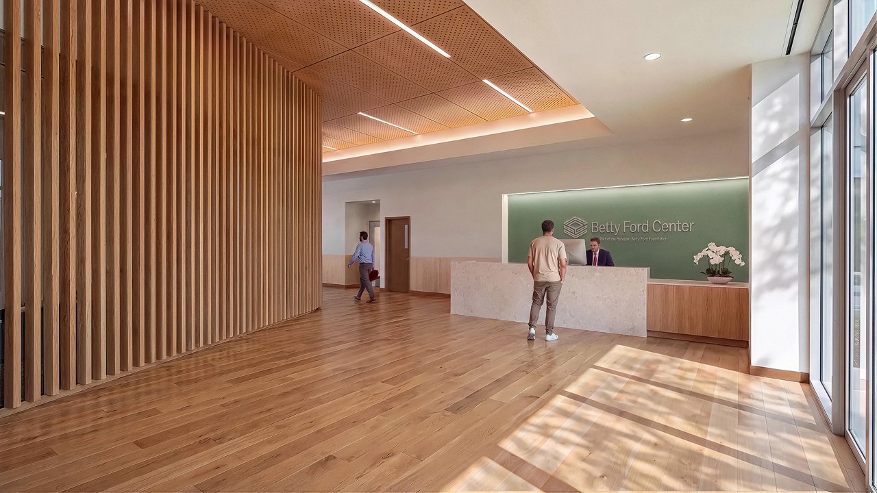 A rendering of the inside reception area of the Betty Ford Center