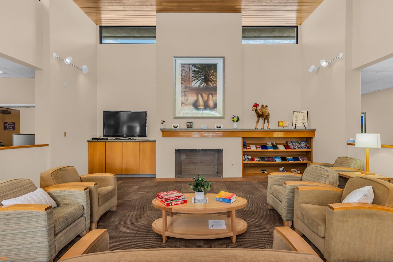 Inside a comfortable room with bookshelves and comfortable chairs