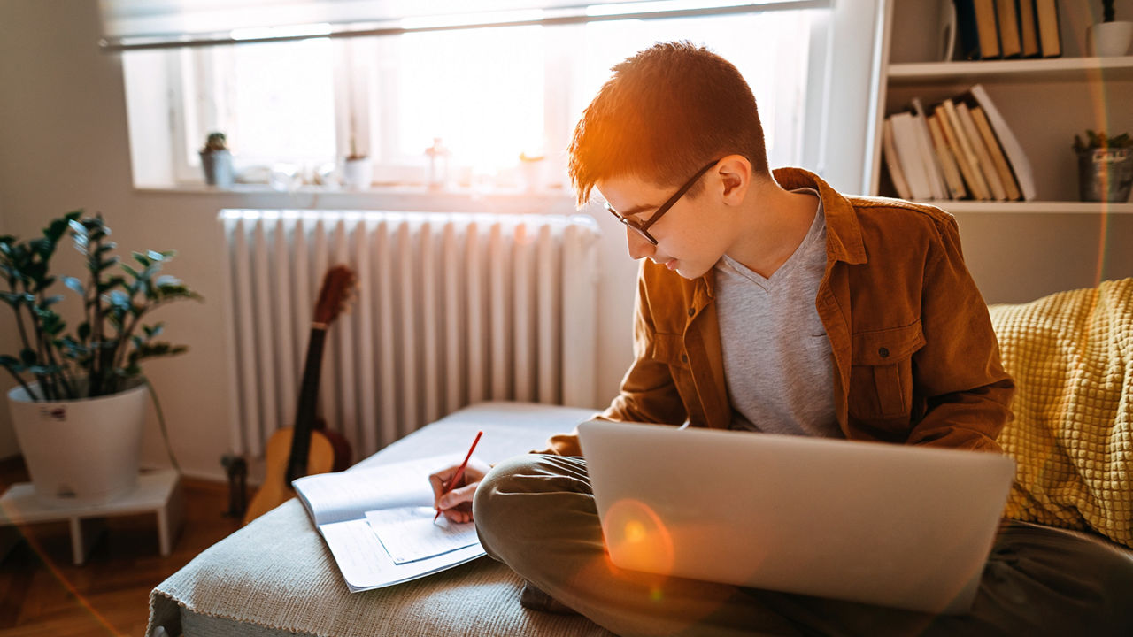 Teenage boy sitting on sofa, using laptop and writing notes during online classes