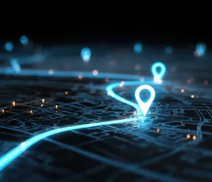 A futuristic digital GPS navigation map featuring a neon blue road, glowing location markers, and a network grid on a dark background.