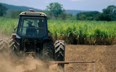A farmer driving a tractor in a field.