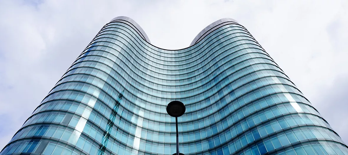 A view on the Skyscraper named "Rabobank toren", located in the city centre of Utrecht, the Netherlands. Built in the period of 2007-2011 and designed by architects Rob Ligtvoet and Kraaijvanger Urbis. The building includes elements of the Modernist style.