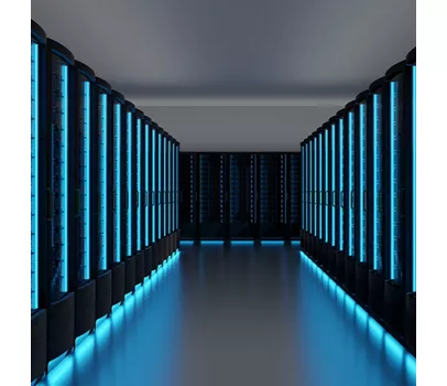 An image of a data center with blue lighting.