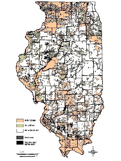 Figure 1. Depth to uppermost aquifer within 50 feet of land surface (Keefer 1995).