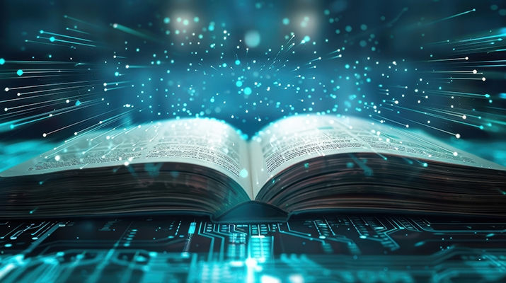 Modern digital learning book with illuminated pages, designed in a futuristic style