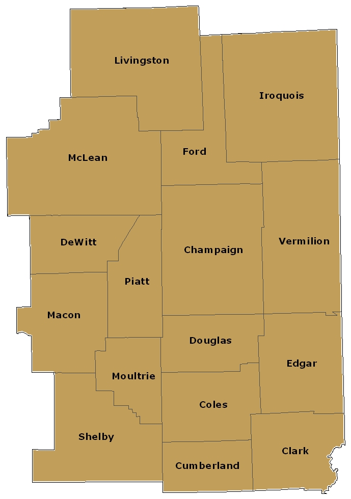 solid-color map of east central Illinois