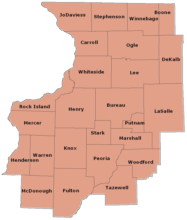 Map of Northwestern Illinois, showing county names