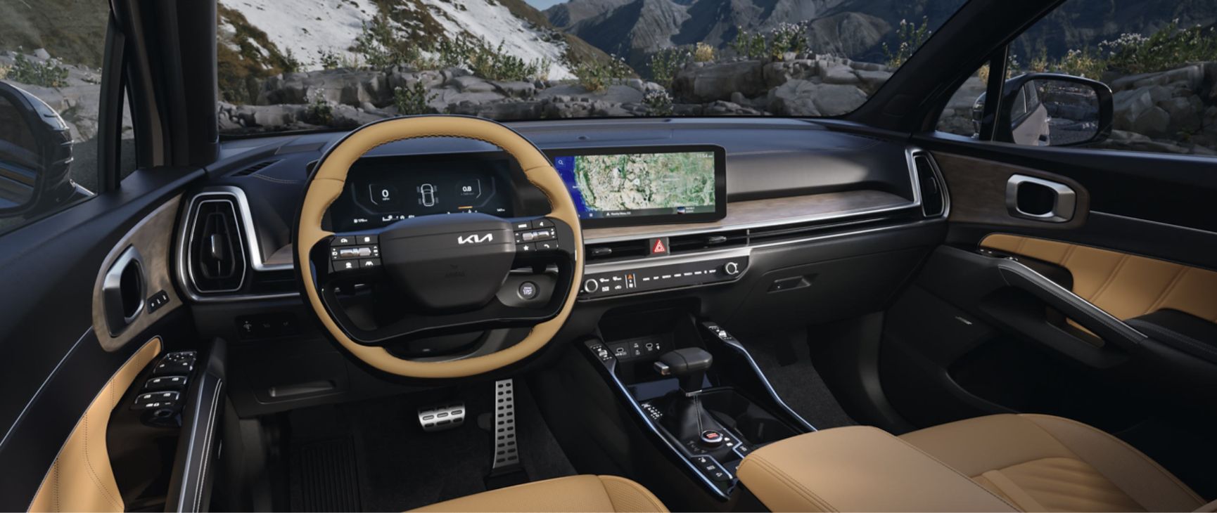 2026 Kia Sorento interior, full view of the driver cockpit, featuring the Dual Panoramic Display