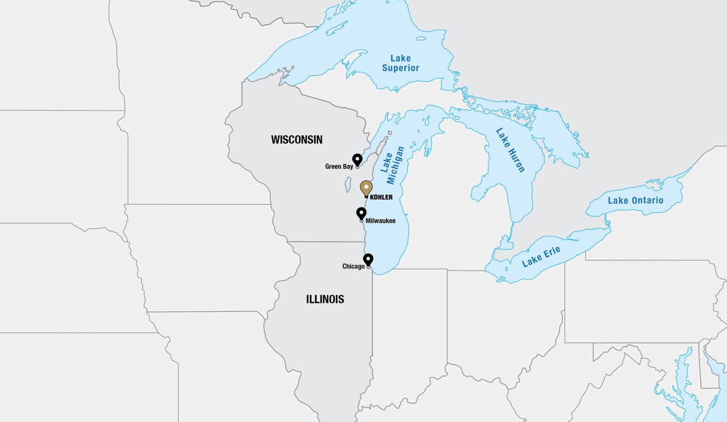 A regional map of Green Bay, Kohler, Milwaukee and Chicago