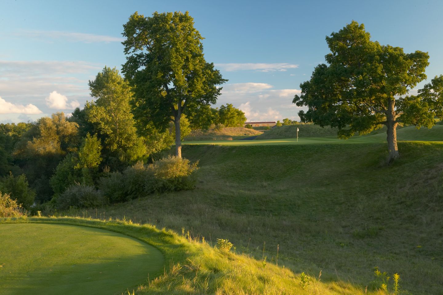 Hole 17 on the Meadow Valleys course with maple trees on each side of the green.