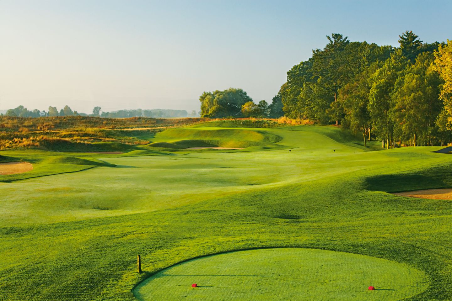 The second hole of the Meadow Valleys course from the tee with the elevated green in the backgrond. 