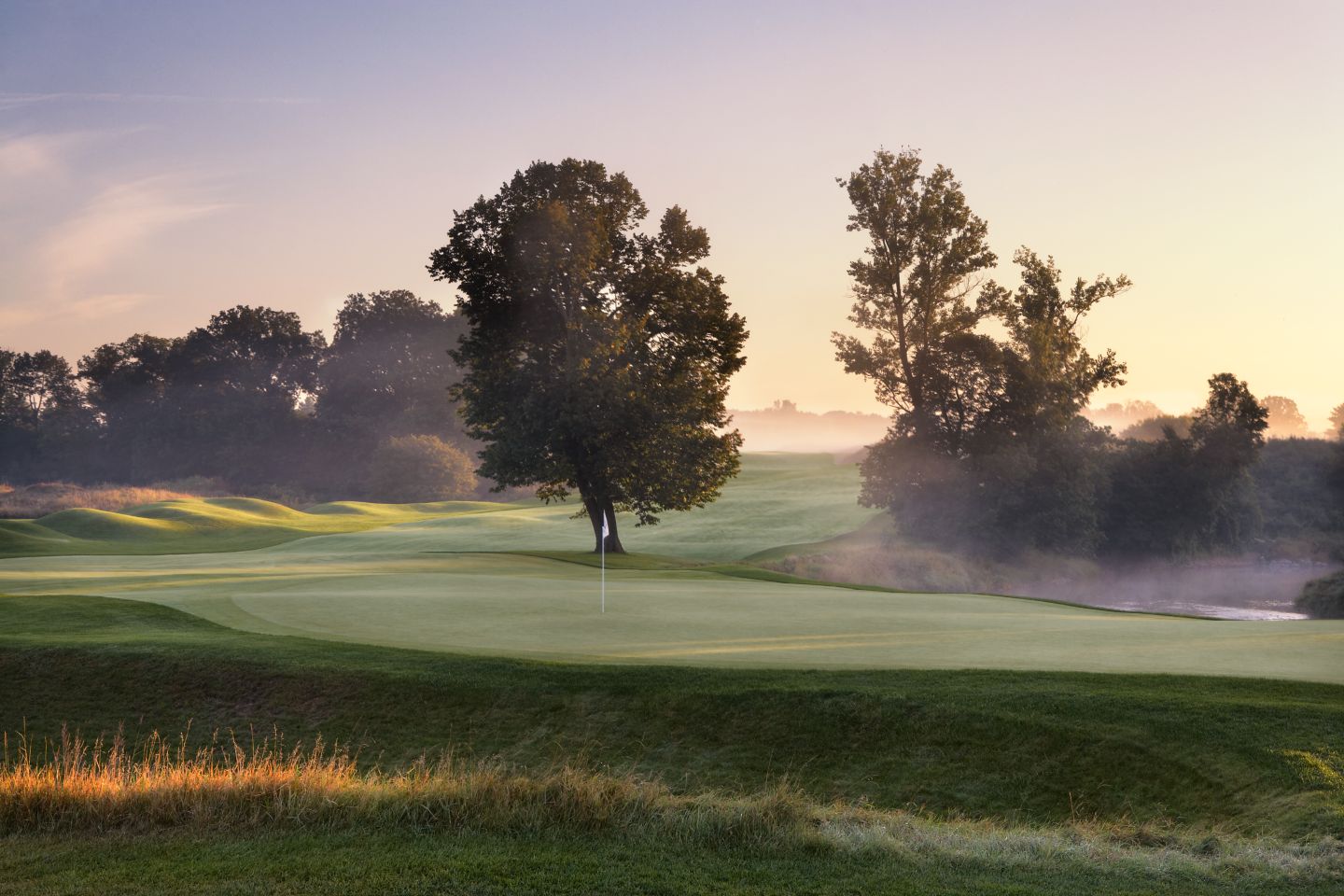 The green of hole 16 on The River Course with morning sunlight and fog. 
