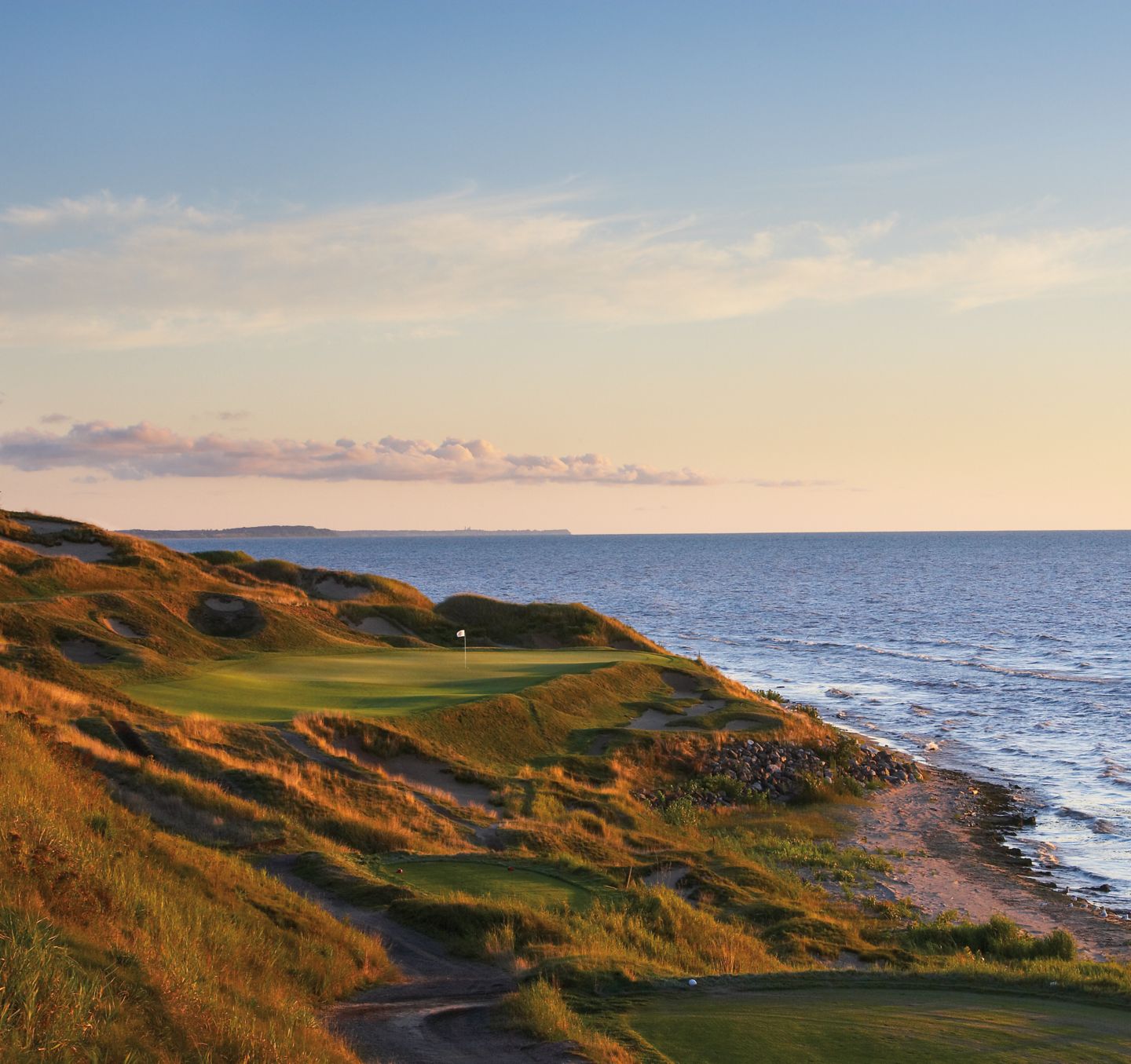 The first hole at Whistling Straits green overlooking Lake Michigan