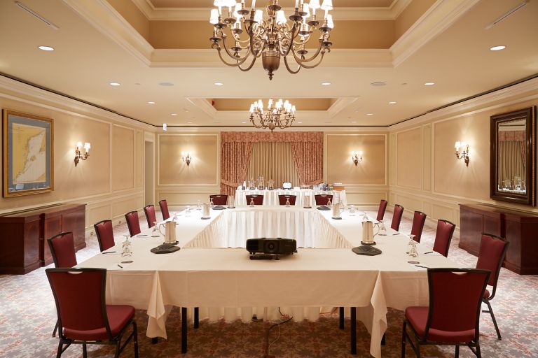 A conference room at The American Club set up for a meeting. 