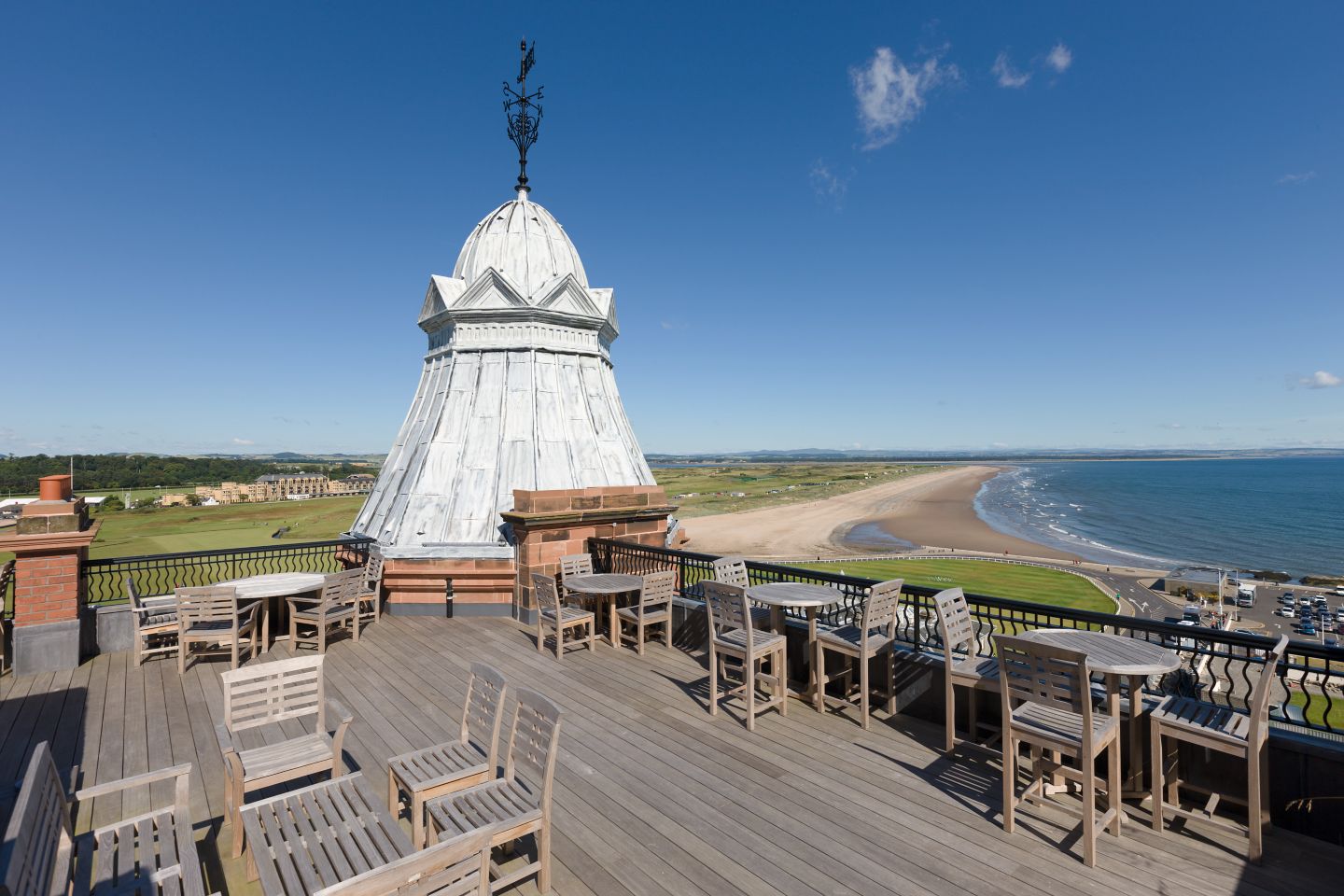 Hamilton Grand roof deck overlooking the Old Course golf course and West Sands Beach St Andrews
