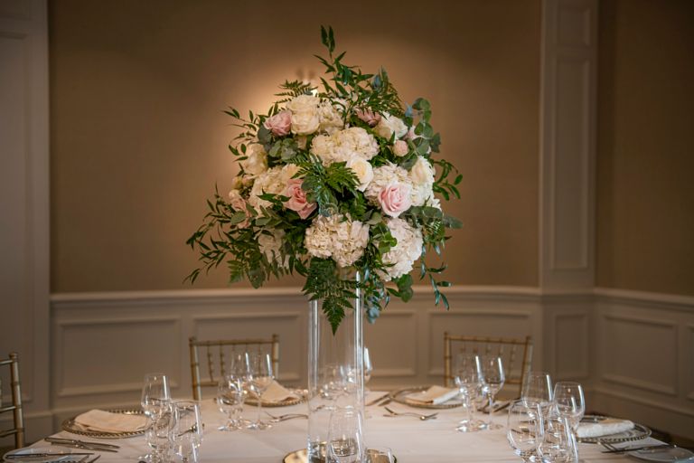 Close up of rose floral arrangement in the grand Ballroom of the Old Course Hotel, Golf Resort & Spa