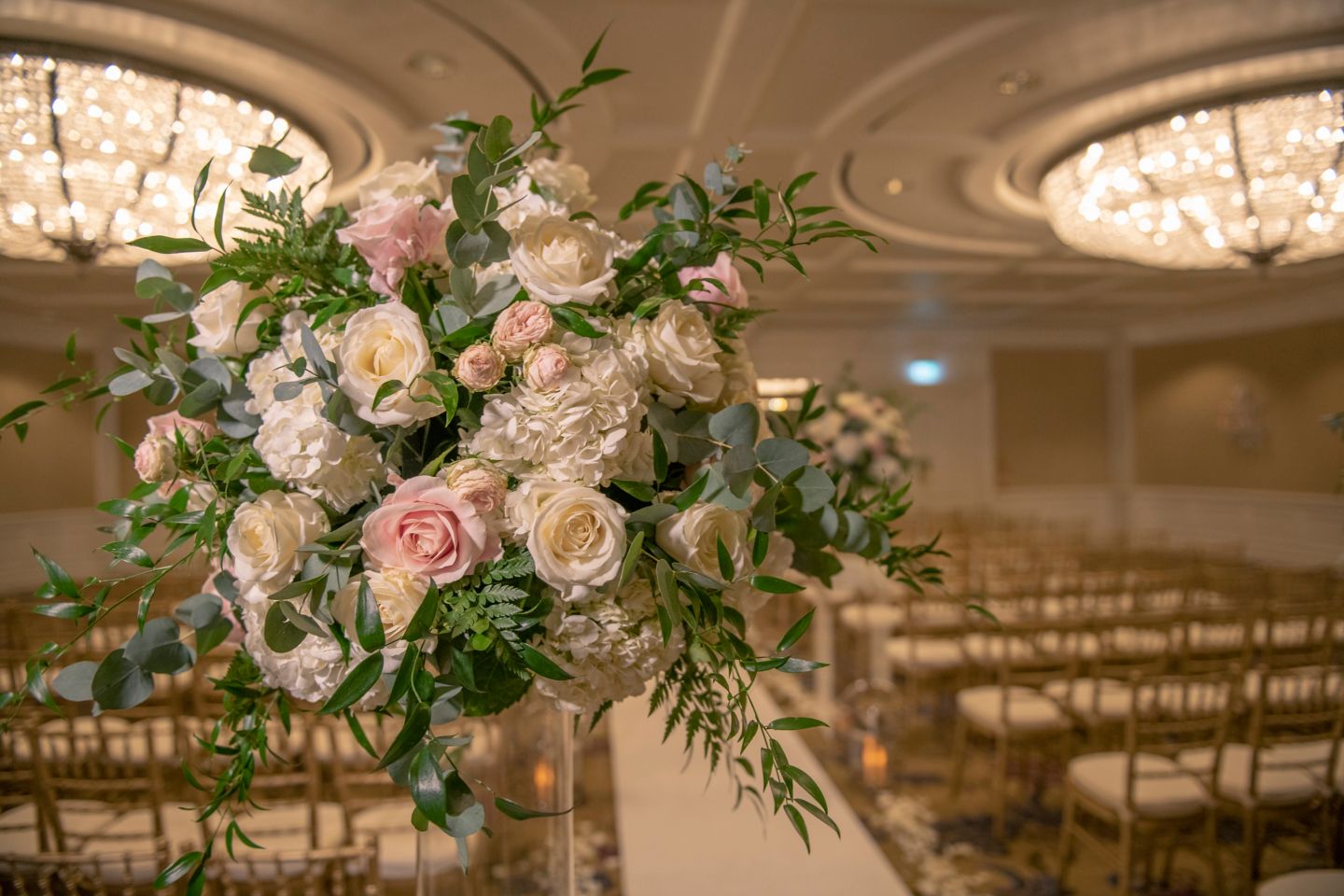 Close up of rose floral arrangement in the grand Ballroom of the Old Course Hotel, Golf Resort & Spa