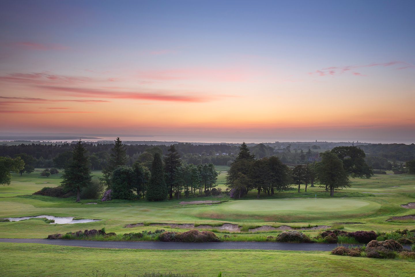 No. 9 Craigtoun. Sunset on the 9th green at The Duke's golf course.