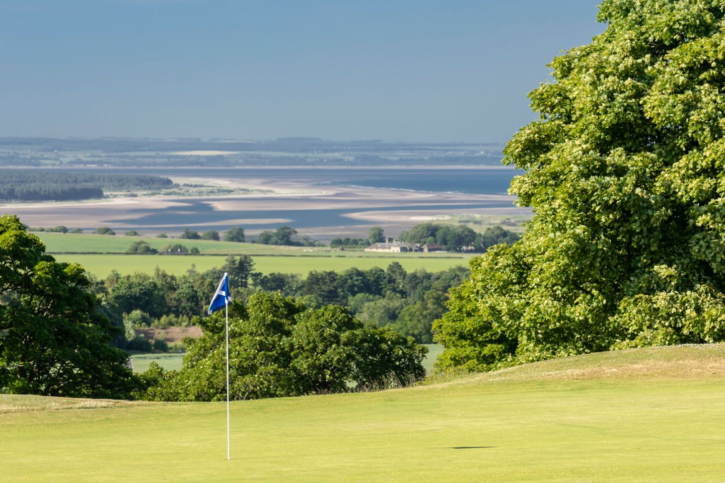 No. 6 Badgers. 6th green at The Duke's golf course with farm land and the sea in the background.