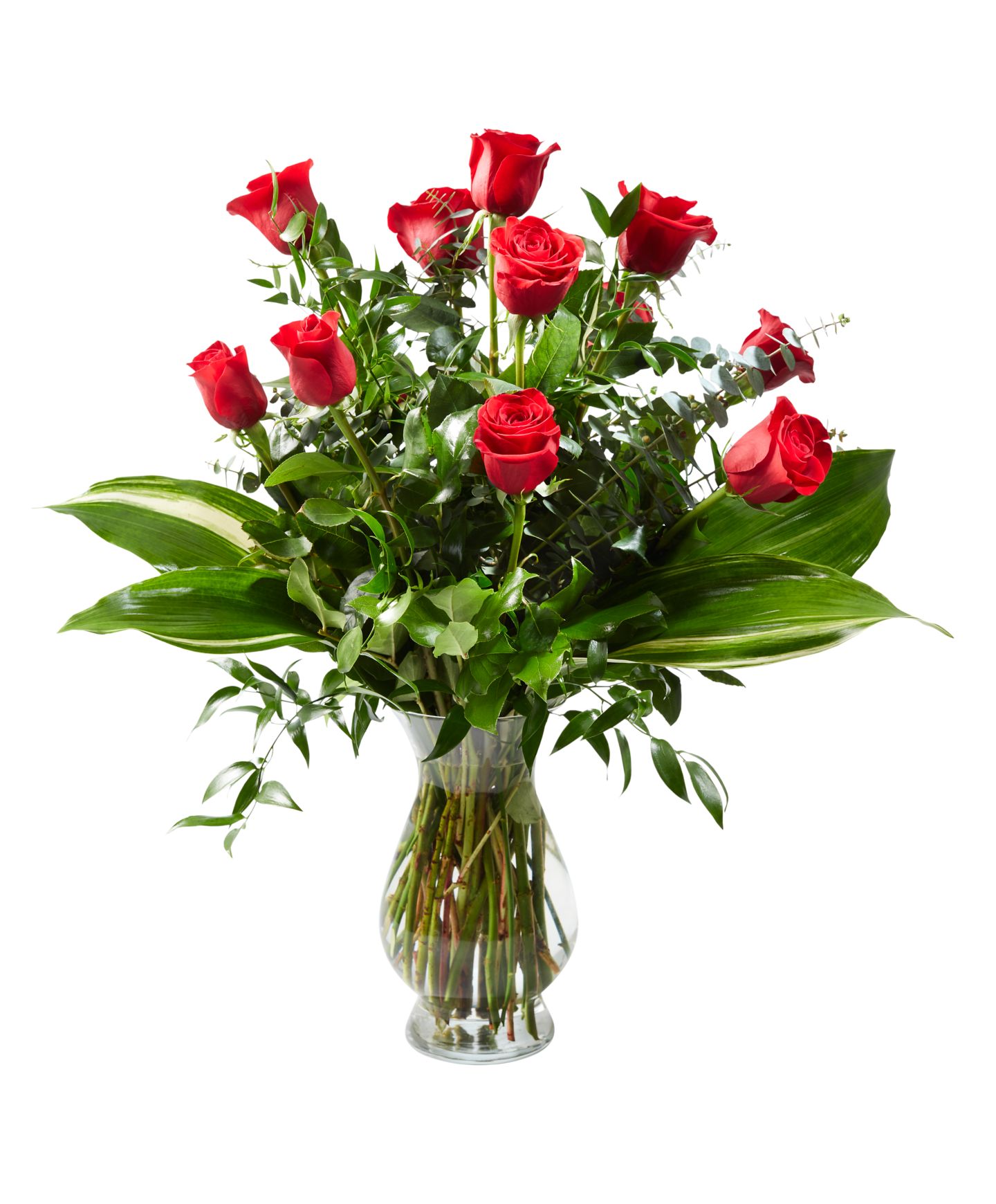 a dozen roses in a vase