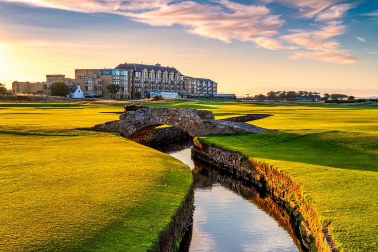 The Swilken Bridge in front of the Old Course Hotel, Golf Resort & Spa, St Andrews