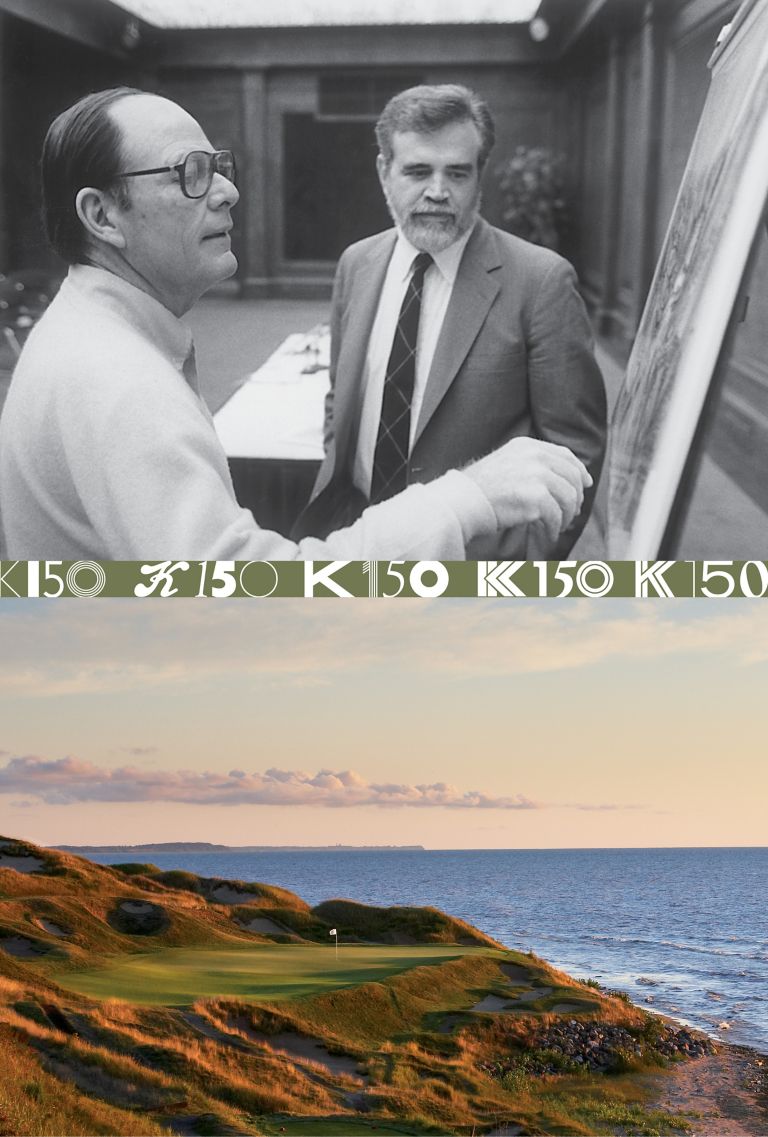 Herbert V. Kohler and Pete Dye in a black and white picture on the top, on the bottom a picture of a golf green