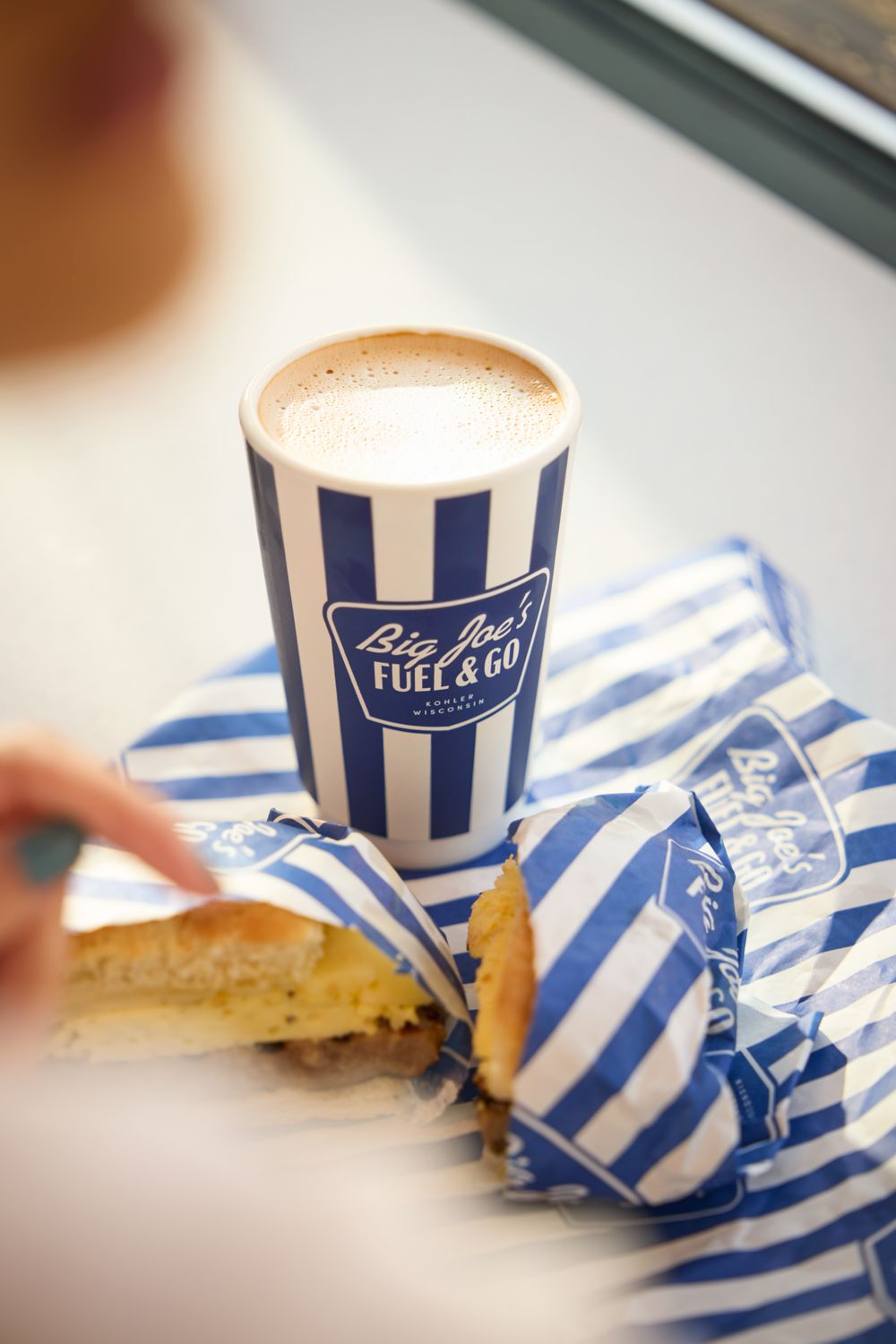 big Joe's coffee and breakfast sandwich